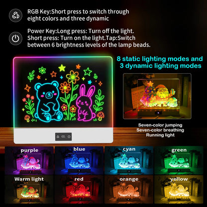 11-Color Rechargeable LED Doodle Glow Board,6 Brightness Levels,Dry-Erase Drawing Pad Gift with Built-in Stand for Kids-7Markers