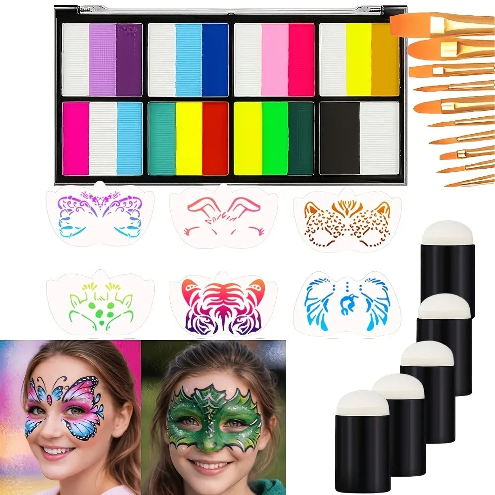 8 Color Rainbow Face Body Paint Palette Water Activated Makeup Kit With Brush Stencils Sponge Set For Halloween Cosplay Festival