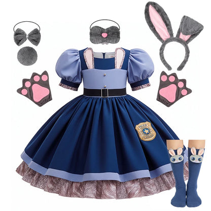 Kids Buuny Officer Fancy Dress Puff Sleeve Blue Tutu Gown Complete Accessories Girls Rabbit Halloween Role Play Costume