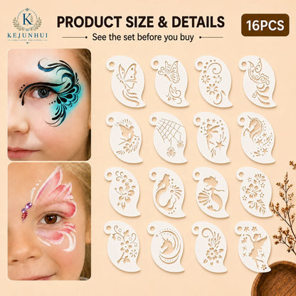 16Pcs 2.5x3.9in Face Painting Stencils Reusable PET Templates for Kids Butterfly Unicorn Mermaid Party Body Art
