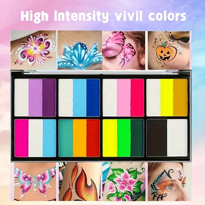 8 Color Rainbow Face Body Paint Palette Water Activated Makeup Kit With Brush Stencils Sponge Set For Halloween Cosplay Festival