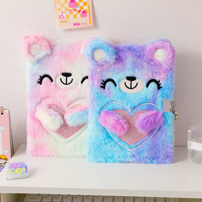 Cute Cartoon Plush Love Bear Lockable Notebook Ballpoint Pen Stationery Set, Student School Learning Supplies Kids Reward Gifts