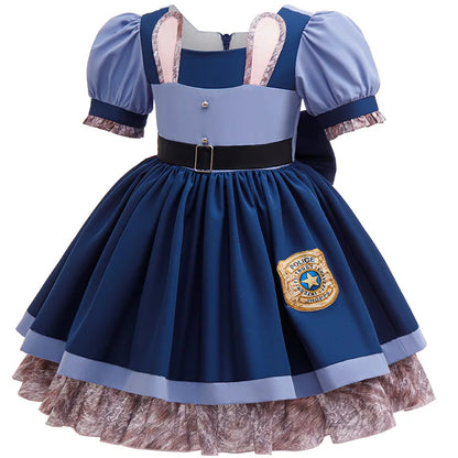 Kids Buuny Officer Fancy Dress Puff Sleeve Blue Tutu Gown Complete Accessories Girls Rabbit Halloween Role Play Costume