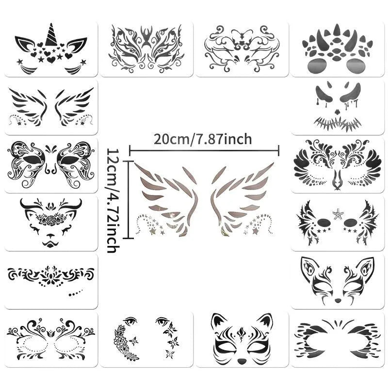 16pcs Reusable PET Face Painting Stencils, Assorted Designs for DIY Makeup,Costume Parties, Washable Stencils for Painting