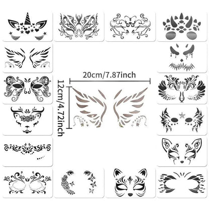 16pcs Reusable PET Face Painting Stencils, Assorted Designs for DIY Makeup,Costume Parties, Washable Stencils for Painting
