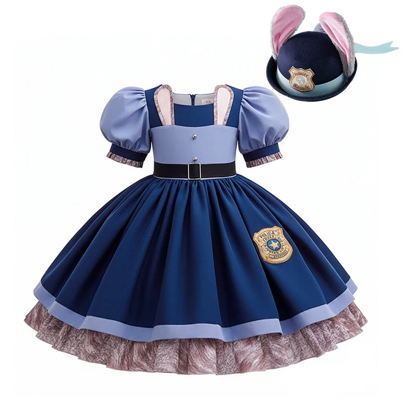 Kids Buuny Officer Fancy Dress Puff Sleeve Blue Tutu Gown Complete Accessories Girls Rabbit Halloween Role Play Costume