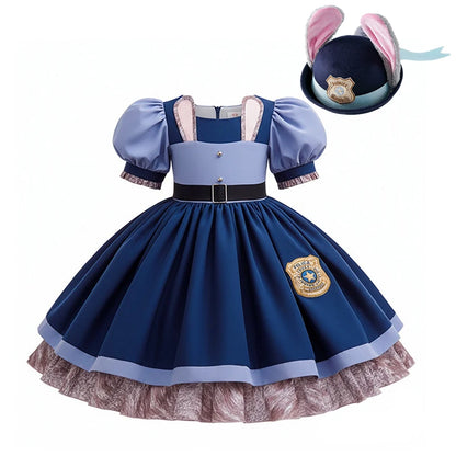 Kids Buuny Officer Fancy Dress Puff Sleeve Blue Tutu Gown Complete Accessories Girls Rabbit Halloween Role Play Costume