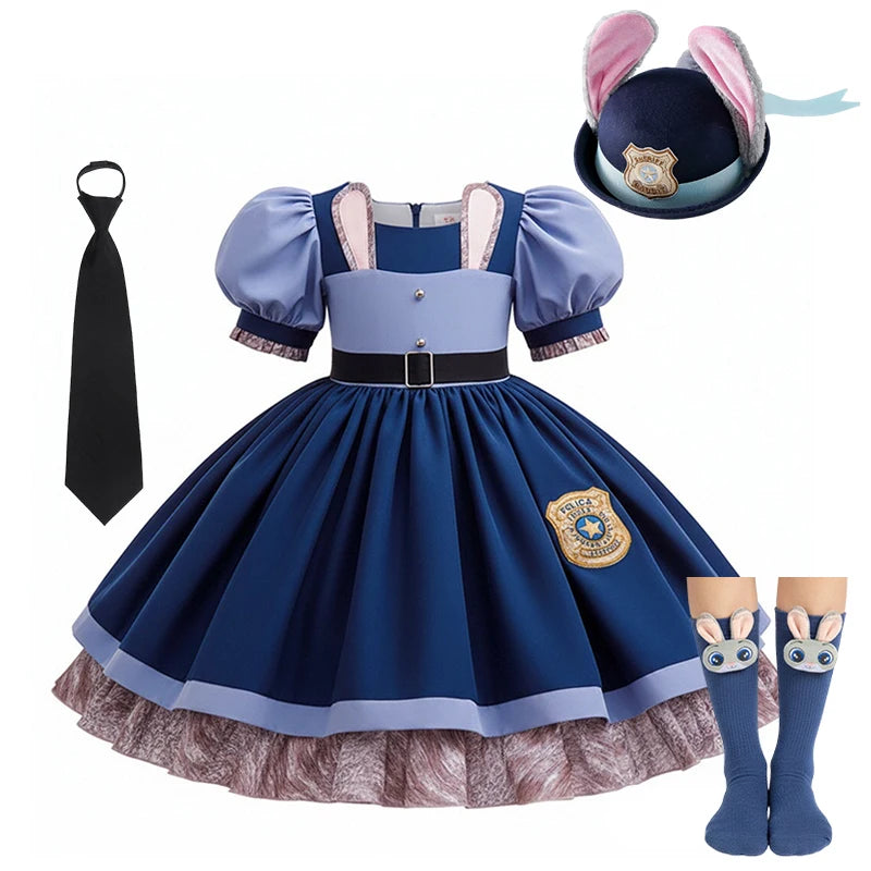 Kids Buuny Officer Fancy Dress Puff Sleeve Blue Tutu Gown Complete Accessories Girls Rabbit Halloween Role Play Costume