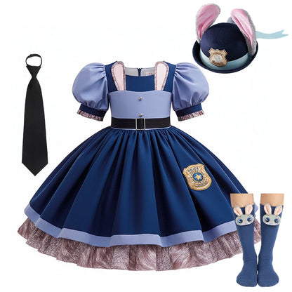 Kids Buuny Officer Fancy Dress Puff Sleeve Blue Tutu Gown Complete Accessories Girls Rabbit Halloween Role Play Costume