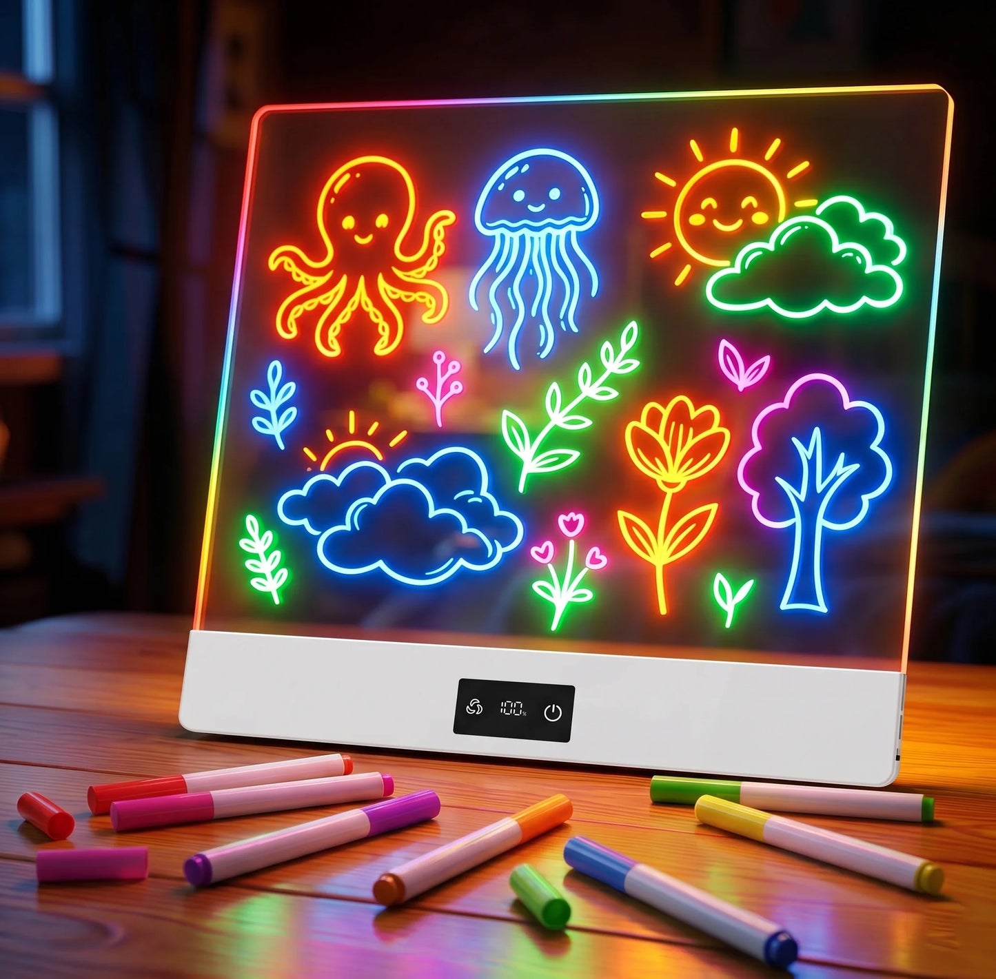 11-Color Rechargeable LED Doodle Glow Board,6 Brightness Levels,Dry-Erase Drawing Pad Gift with Built-in Stand for Kids-7Markers