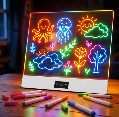 11-Color Rechargeable LED Doodle Glow Board,6 Brightness Levels,Dry-Erase Drawing Pad Gift with Built-in Stand for Kids-7Markers