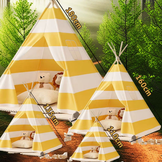 4 grandeurs de tipi enfant en toile de coton et polyester avec bois tissus rayé jaune et blanc cassé