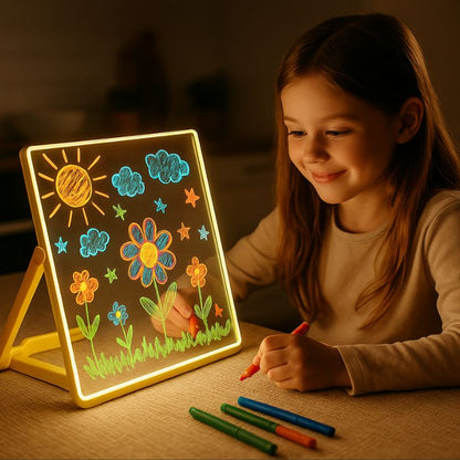 une adolescente admire son chef d'oeuvre et a l'estime gonflé grâce à son tableau lumineux à dessin 