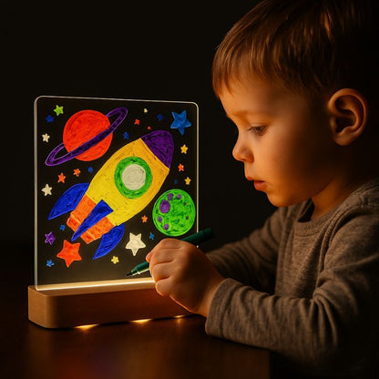 un bambin dessin une fusée sur son tableau lumineux à dessin