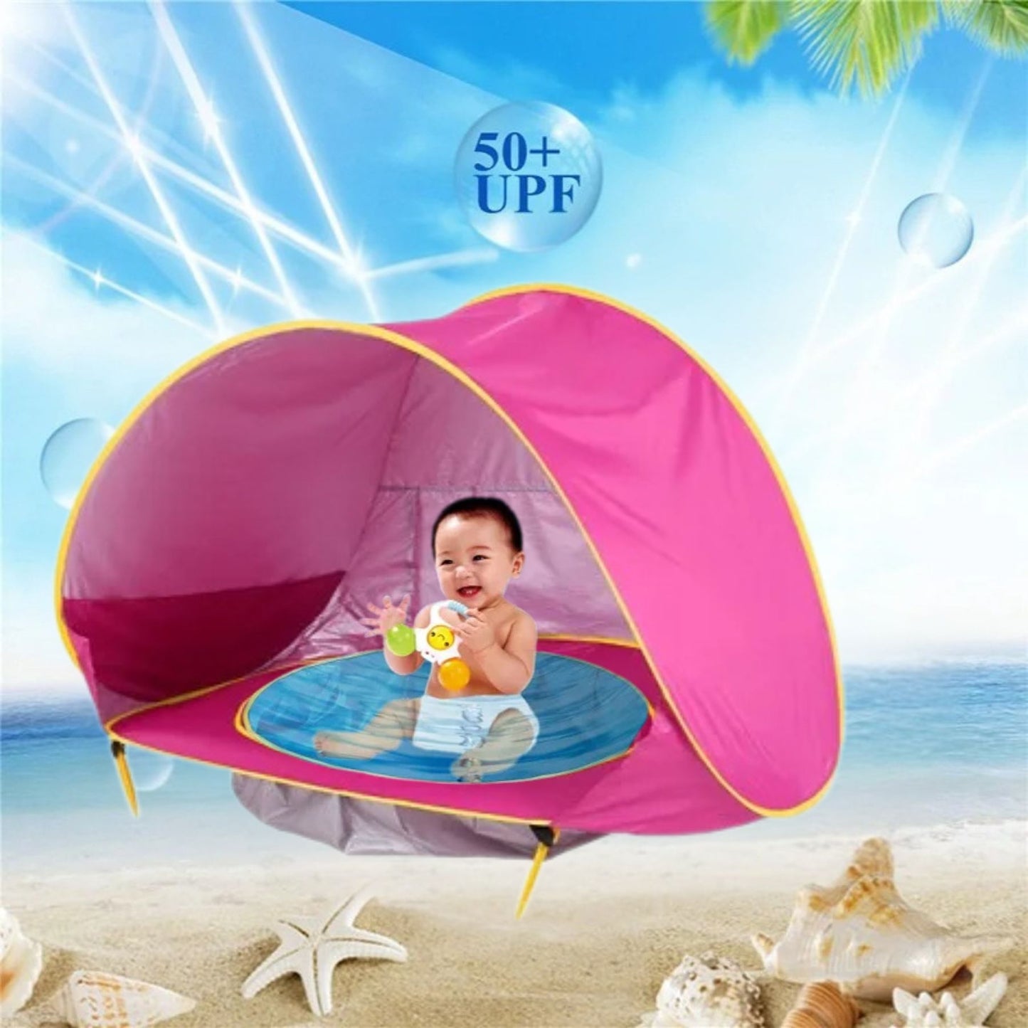 Tente-de-plage-bébé-rose-brillante-protection-UV-50-idéal-pour-bébé
