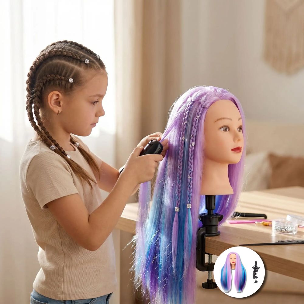  tête à coiffer mauve et bleu  pâle accessoires pour débuter et jouer