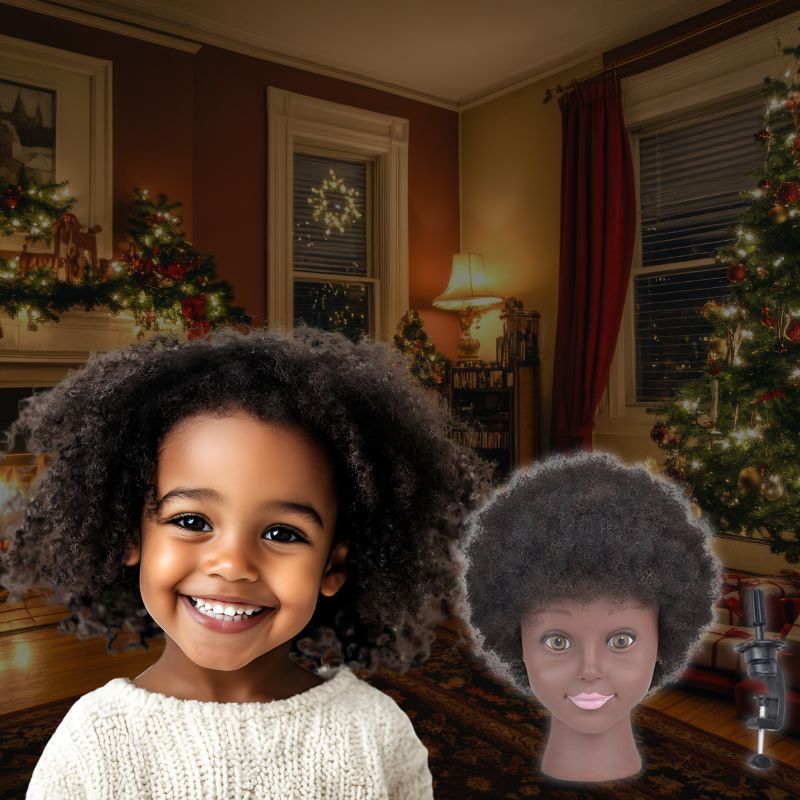 une magnique fillette aux bouclettes africaine rêve d'une tete a coiffer afro pour jouer et pratiquer ses coiffures