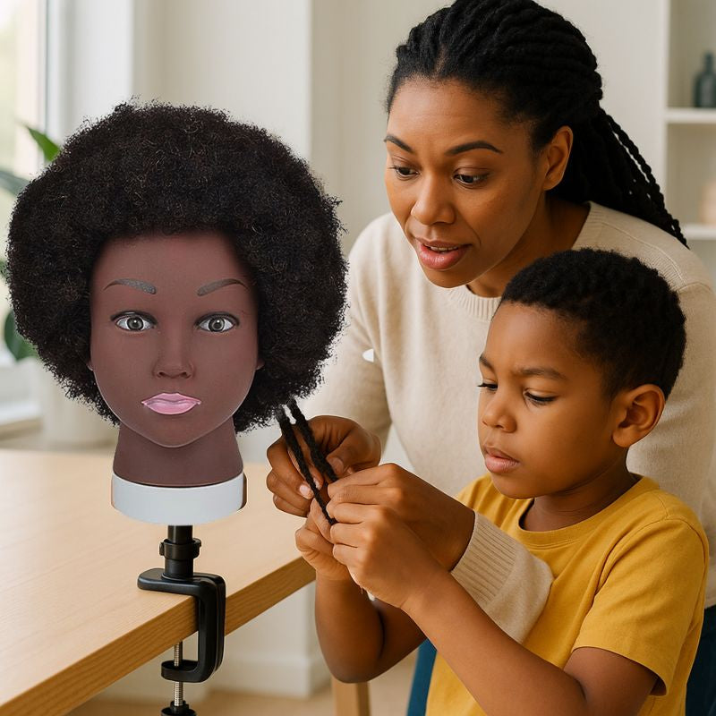 une mère afrodescendant enseigne à son fils à coiffer ses cheveux crépus Le garçon est très concentré à tresser