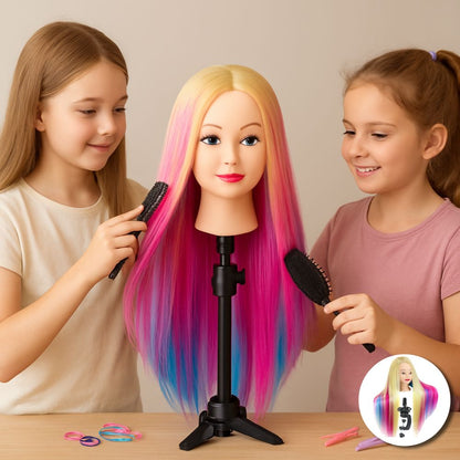 Tête à coiffer en Blonde rose et bleu dégradé le bonheur des jeunes coiffeuses en herbe