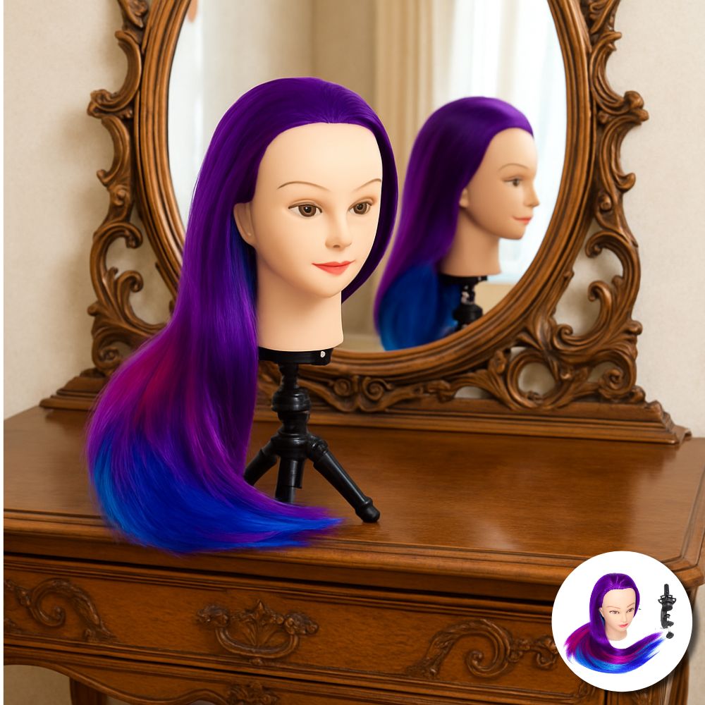 tête à coiffer violette et bleu accessoires pour débuter à créer