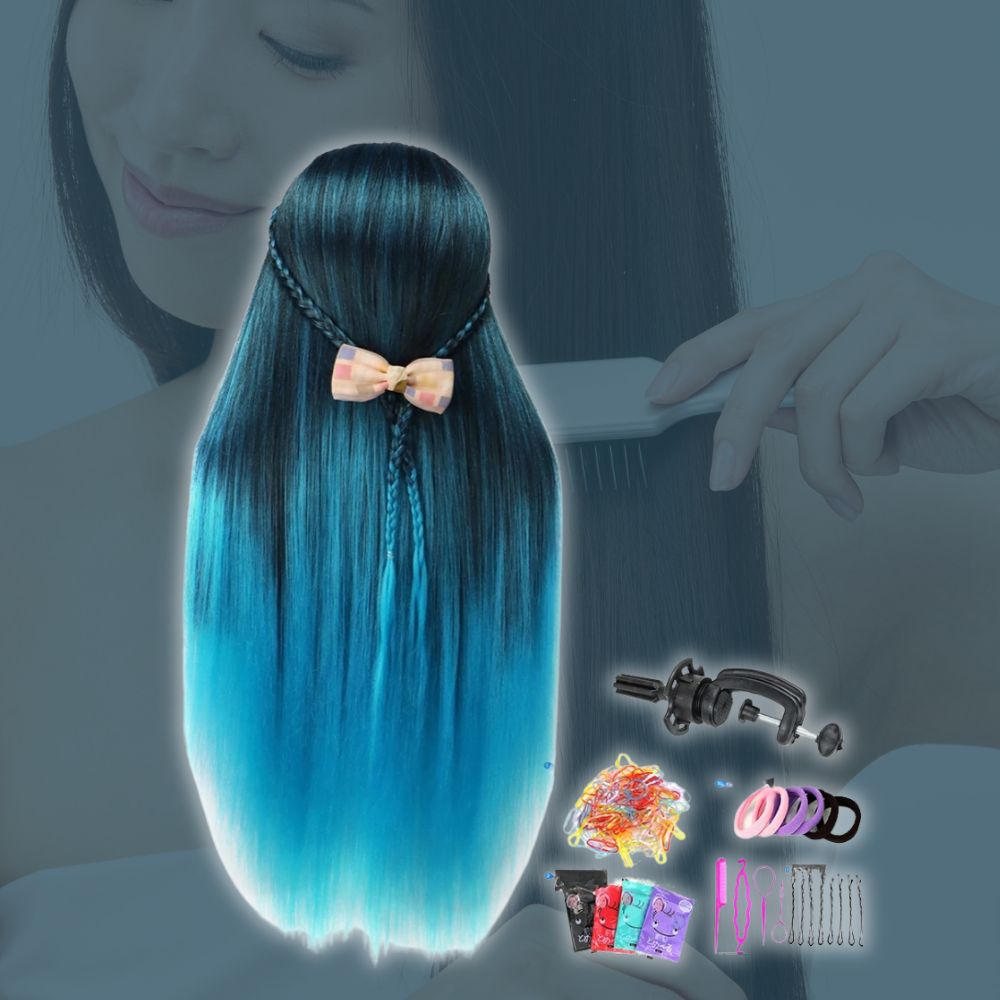 Tête à coiffer aux couleurs bleues et noire forfait cadeau