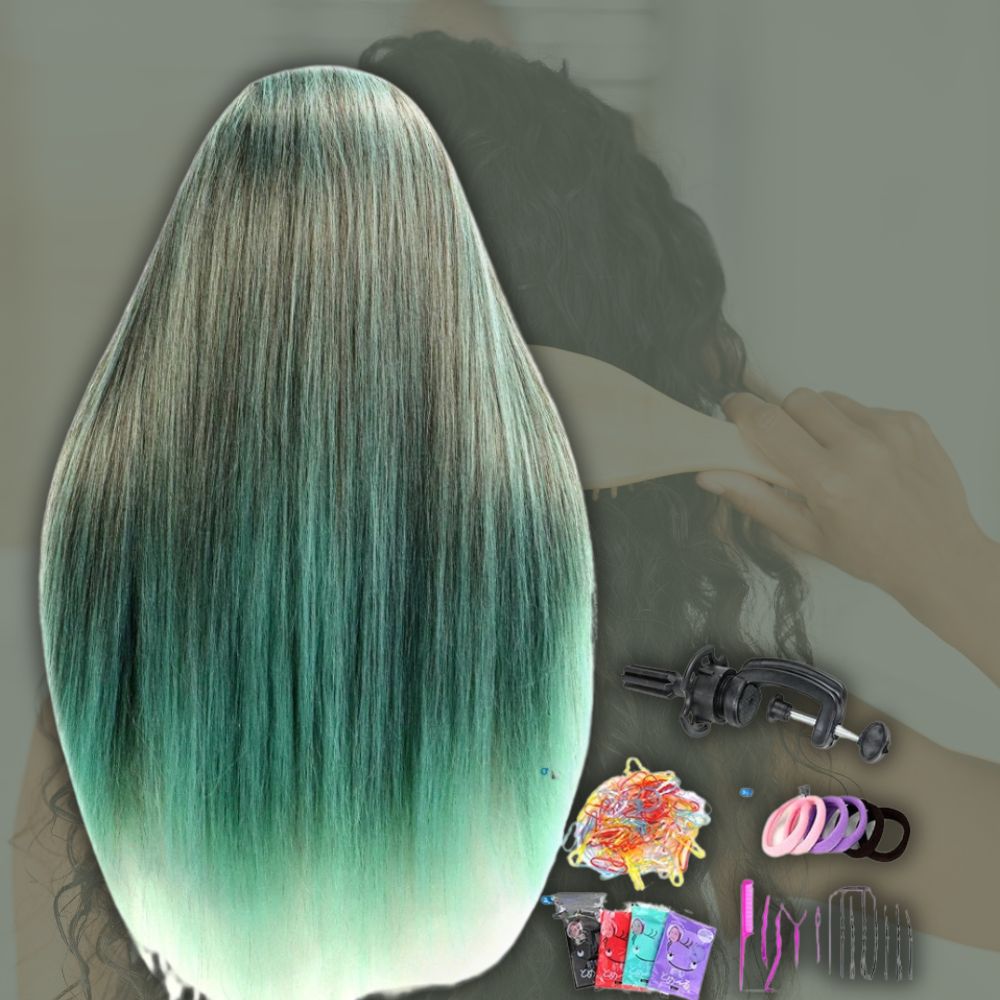 tête à coiffer dégradé de couleur verte cendré longueur de 70cm douceurs du synthétique