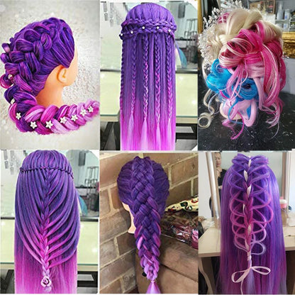  tête à coiffer violette et bleu pour exercices de tressage et de coiffure montée 