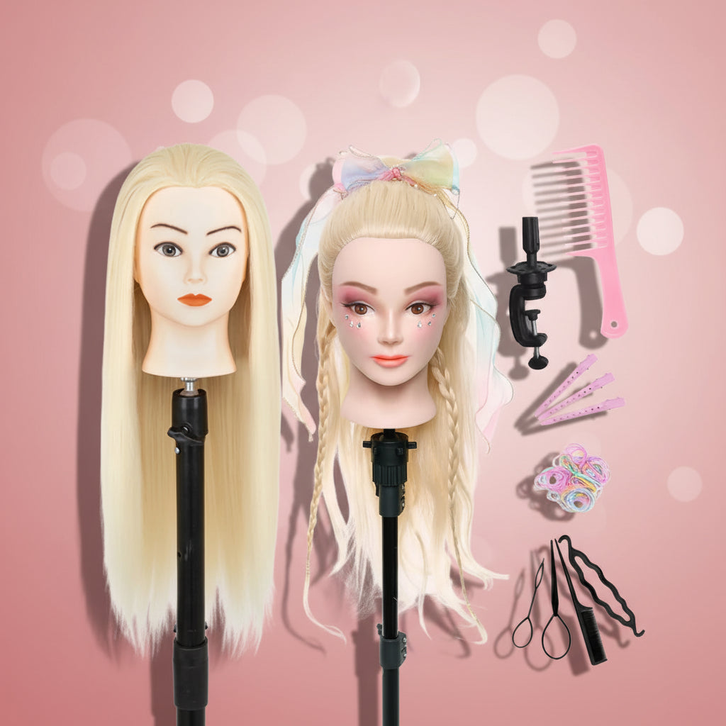  tête à coiffer avec cheveux synthétiques 60 cm  enfant blonde cheveux longs a maquiller avec accessoires inclus cadeau parfait