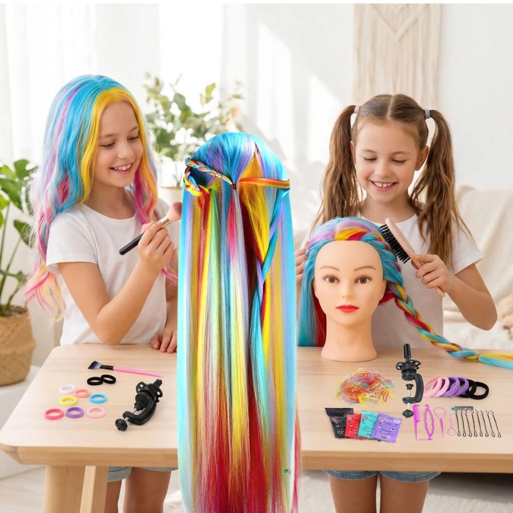 tête à coiffer arc-en-ciel de couleur la favorie des fillettes