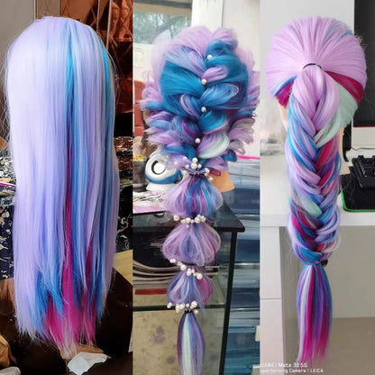tête à coiffer enfant mauve bleu et rose pour tressage à la main ou à la tresseuse automatique plaisir garanti