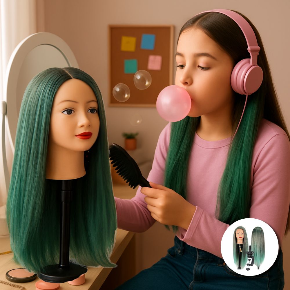 tête à coiffer aux cheveux longs verts cendrés