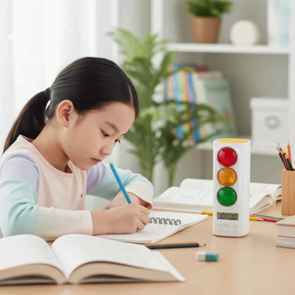 fille etudie avec le timer enfant de la famille