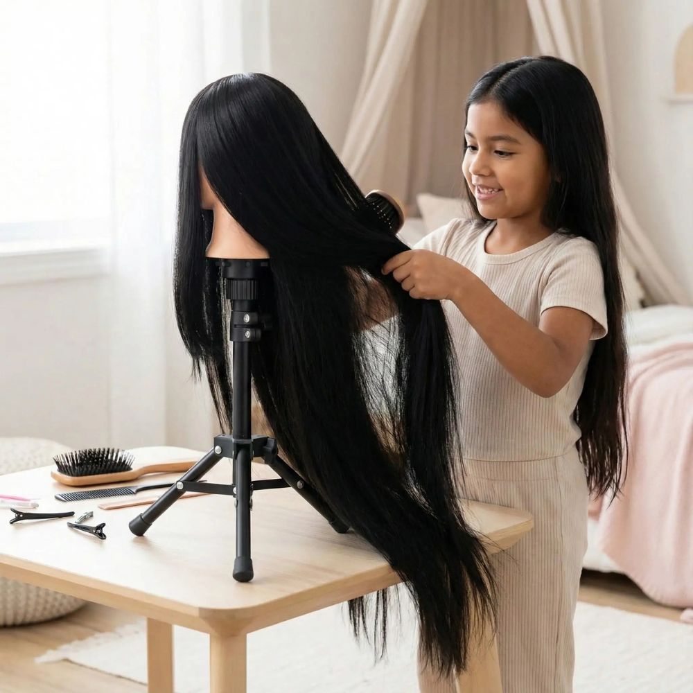 une fillette d'origine latine aux longs cheveux noire luisant coiffe sa tete a coiffer bien ancré sur le trepied de table noir