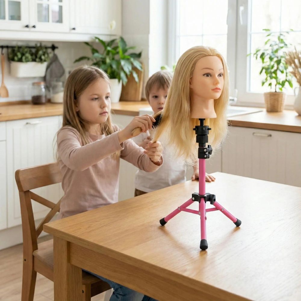 une petite fille est concentrée à pratiquer des coiffure sur sa tete a coiffer blonde juché sur son trepied de table, sur la table de la cuisine