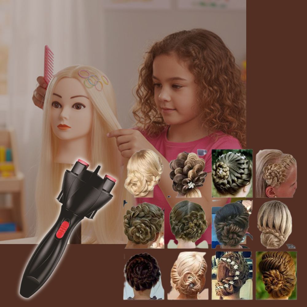 fillette qui utilise son nouvel accessoire pour cheveux sur sa tete a coiffer sa nouvelle Tresseuse électrique