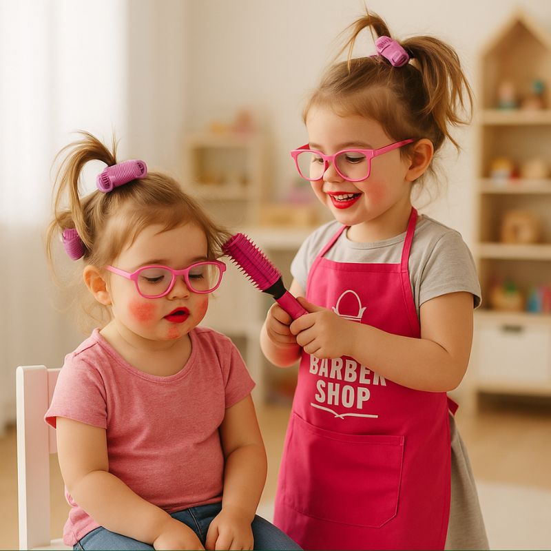 2 petites soeurs jouent a se maquiller et se coiffer avec les accessoires cheveux    sans danger