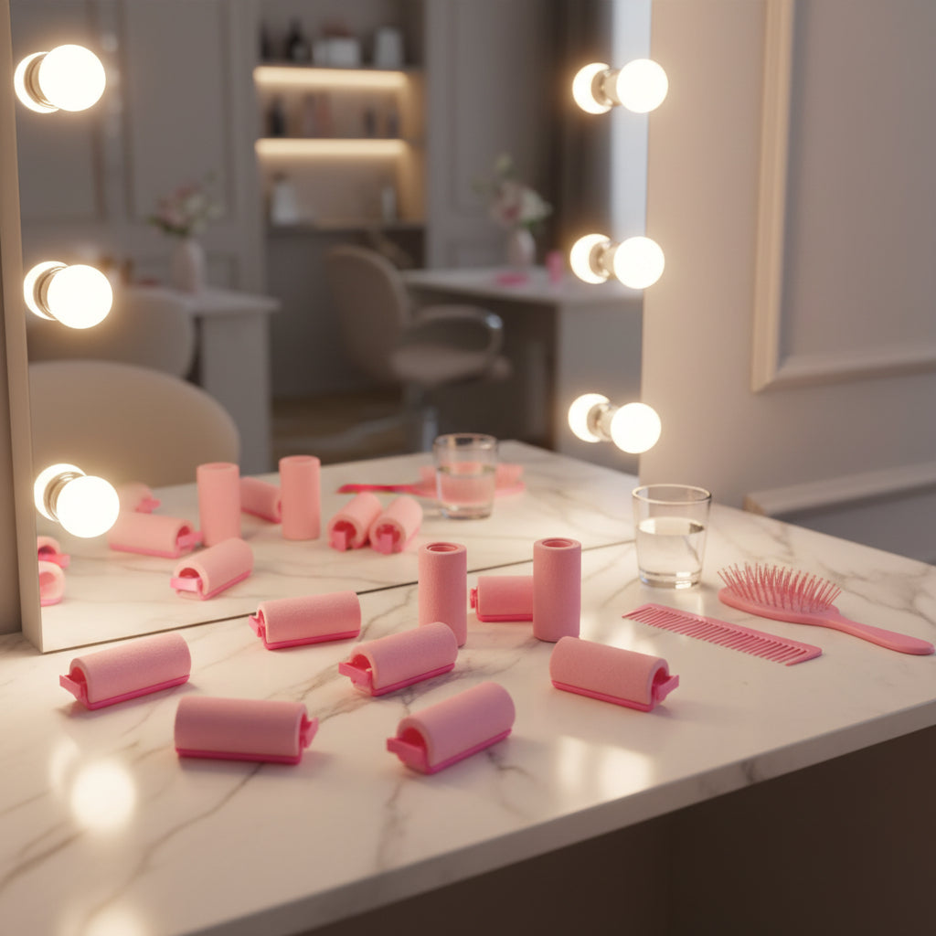 sur le comptoire de la coiffeuse, 10 rouleaux à friser en éponge rose  eccellent pour développer la dextérité de l'enfant