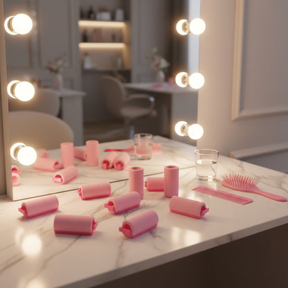 sur le comptoire de la coiffeuse, 10 rouleaux à friser en éponge rose  eccellent pour développer la dextérité de l'enfant