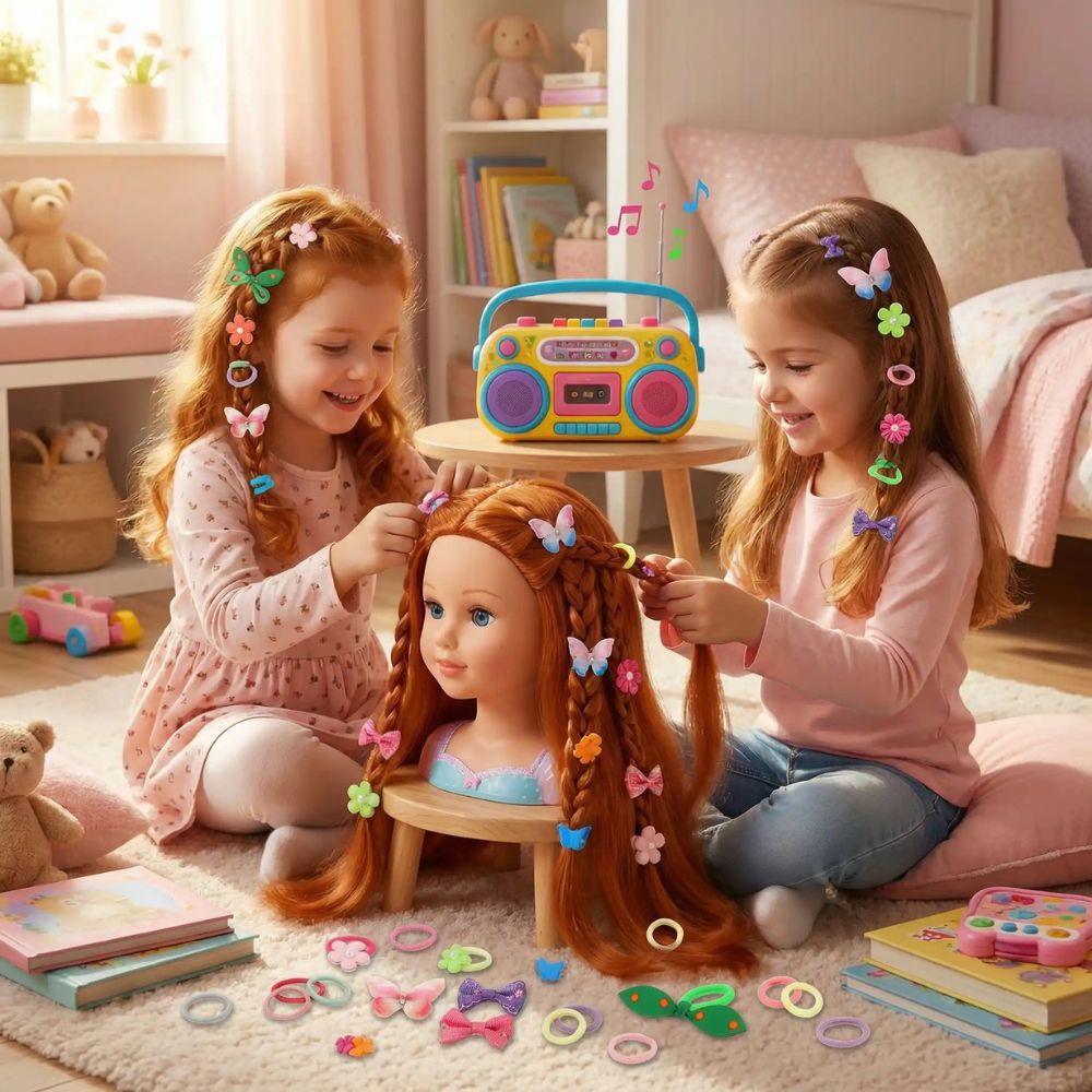 enfant jouant sur la tête à coiffer rouquine avec une vaste variété d'accessoires pour cheveux colorés