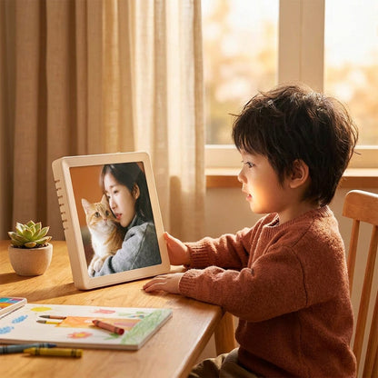 un bambin regarde ses photos qu il a prise sur son cadre photo électronique beige a lui