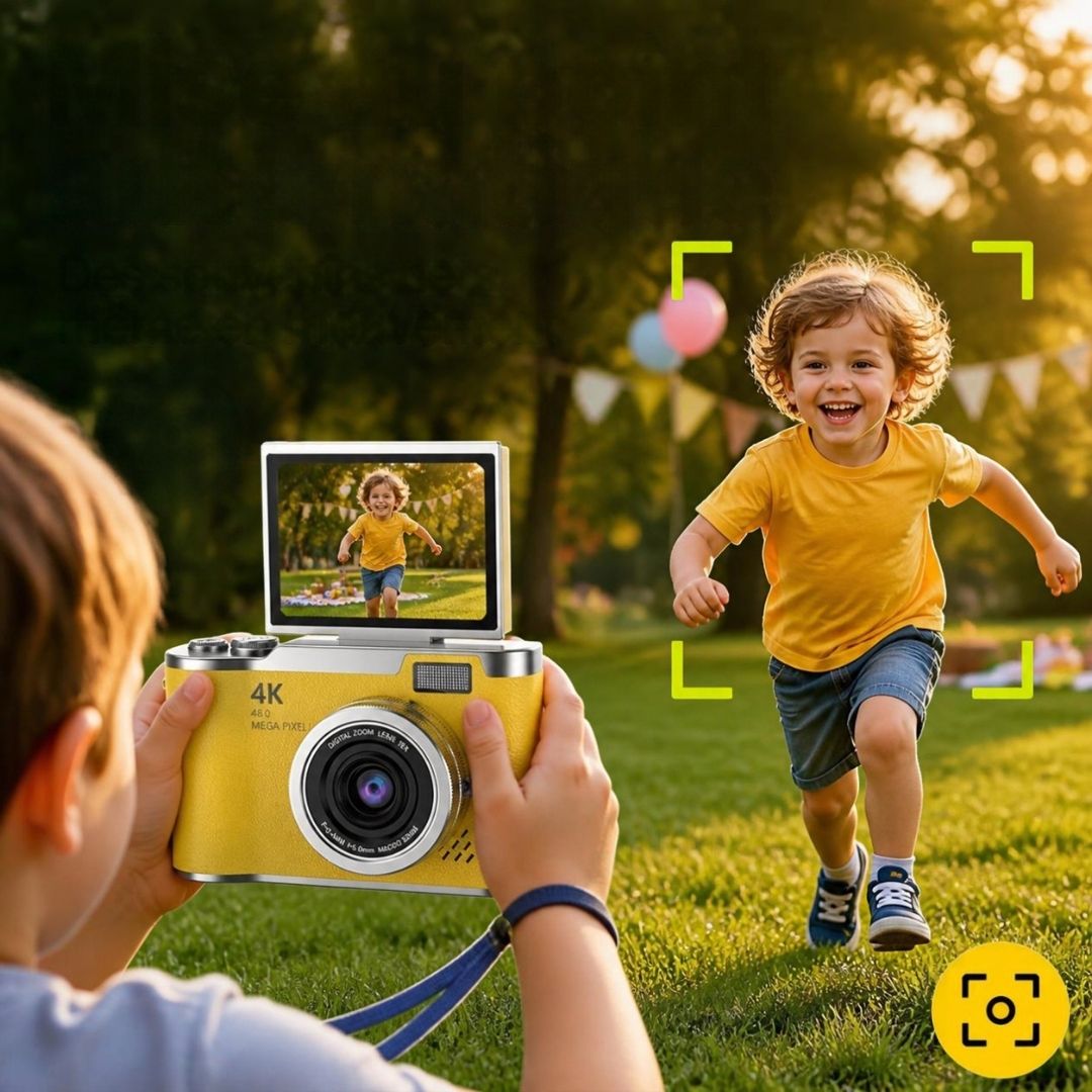 un garcon photographieson frère au foot avec son appareil photo compact jaune 4k