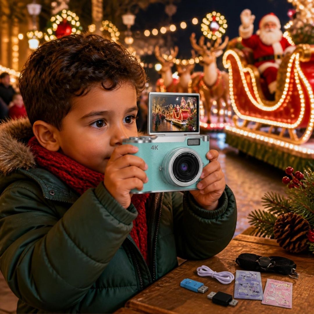 un garçon filme le défilé du Père Noël avec son appareil photo compact 4k