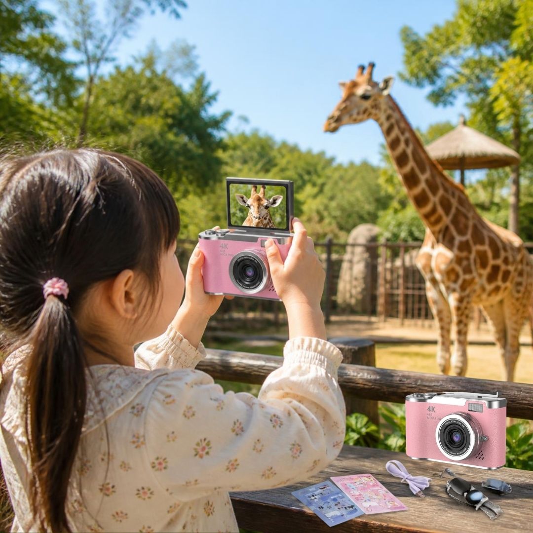 une fillette prends de belle photo au zoo grâce à son appareil photo compact 4k et son zoom x8 automatique