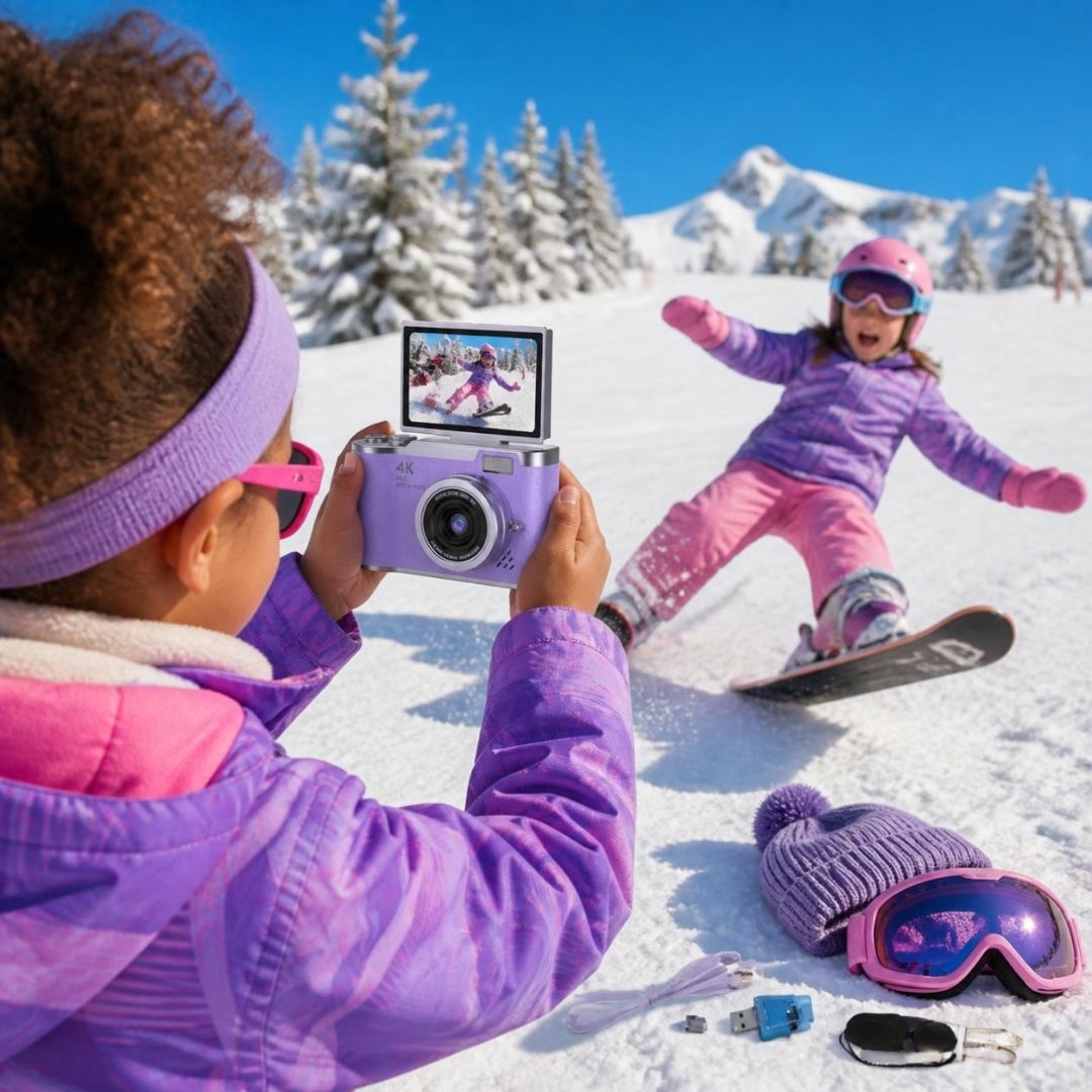 2 fillettes en ski alpin avec un appareil photo compact prennent des photo cocasses
