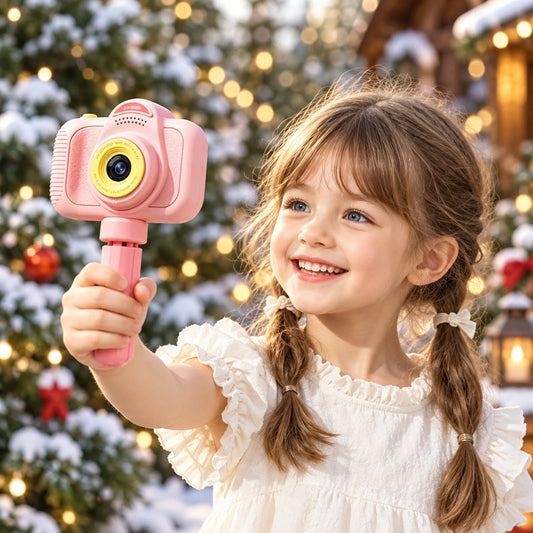 une belle fillette tient fièrement son appareil photo enfant 8 ans rose  avec poignée et trépied