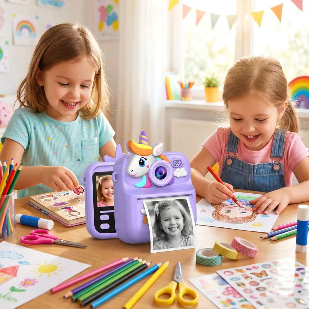 appareil photo enfant instantané modèle  licorne maue, avec lecteur MP3 pour sa musique, ajouter une carte mémoire au bonheur de votre enfant