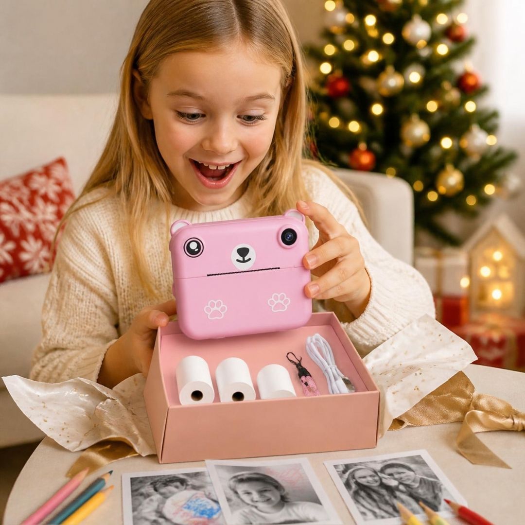 une fille de 7 ans ouvre son cadeau de Noël très heureuse de recevoir un appareil photo enfant instantanné rose