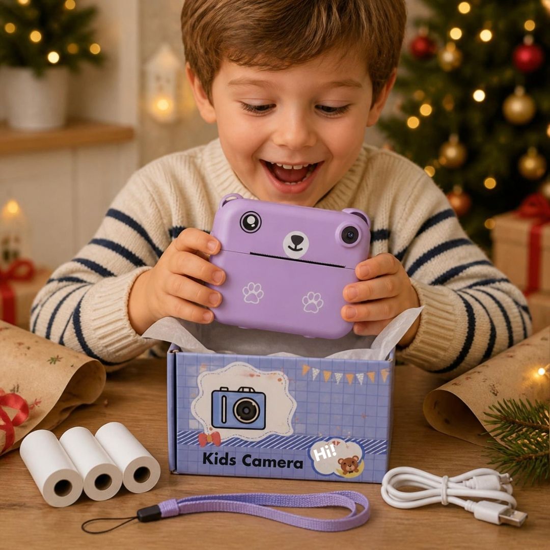 un garçon heureux de son cadeau de Noël : appareil photo enfant instantanné mauve avec jeux video, lecteur mp3, detailleur