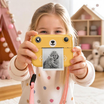 appareil photo enfant instantanné jaune ourson avec jeux video, lecteur mp3, impression thermique