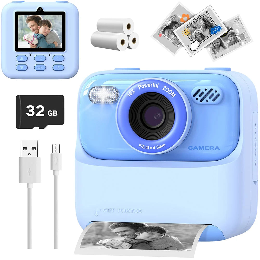appareil photo instantane enfant bleu carte 32gb rouleaux papier